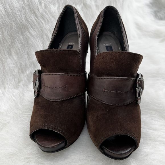 Kurt Geiger Sz 36 US 5.5 Brown Leather Suede Peep Toe 4.5” Stacked Heel Pump - Picture 9 of 16